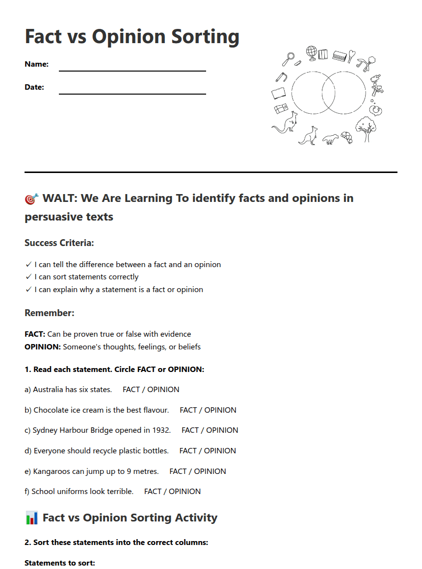 Fact vs Opinion Sorting worksheet preview