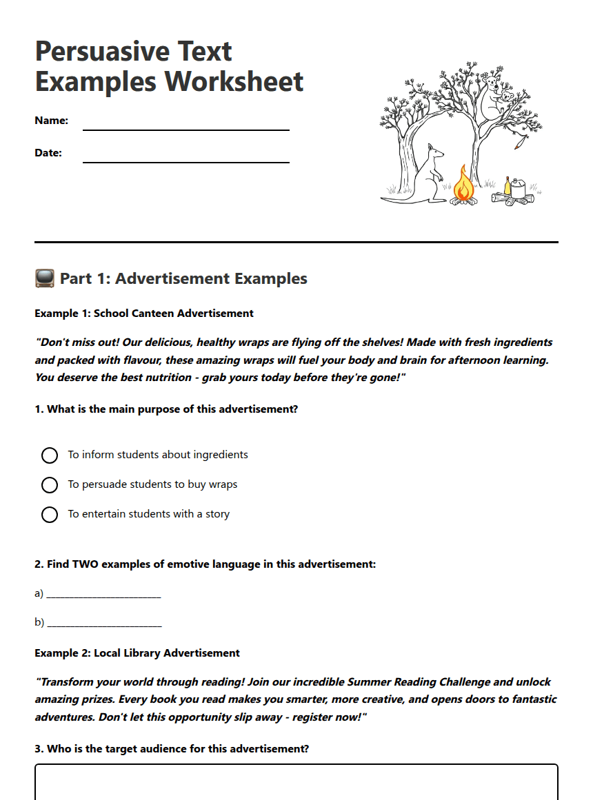 Persuasive Text Examples Worksheet worksheet preview