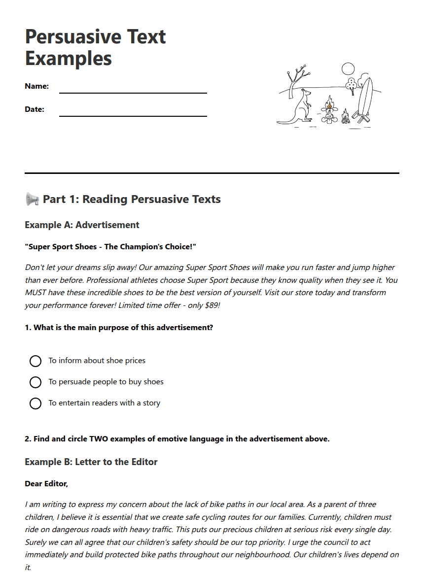 Persuasive Text Examples worksheet preview