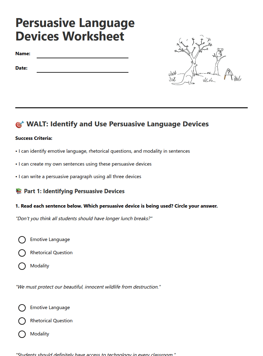 Persuasive Language Devices Worksheet worksheet preview