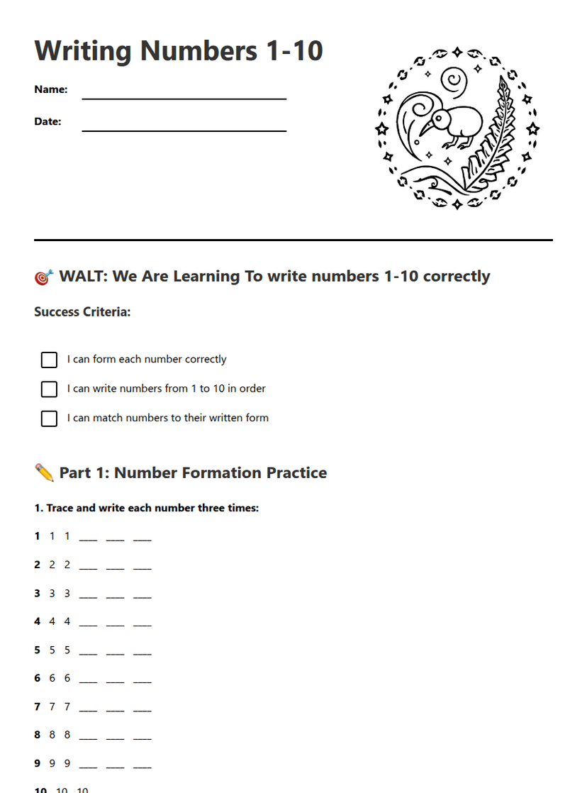 Writing Numbers 1-10