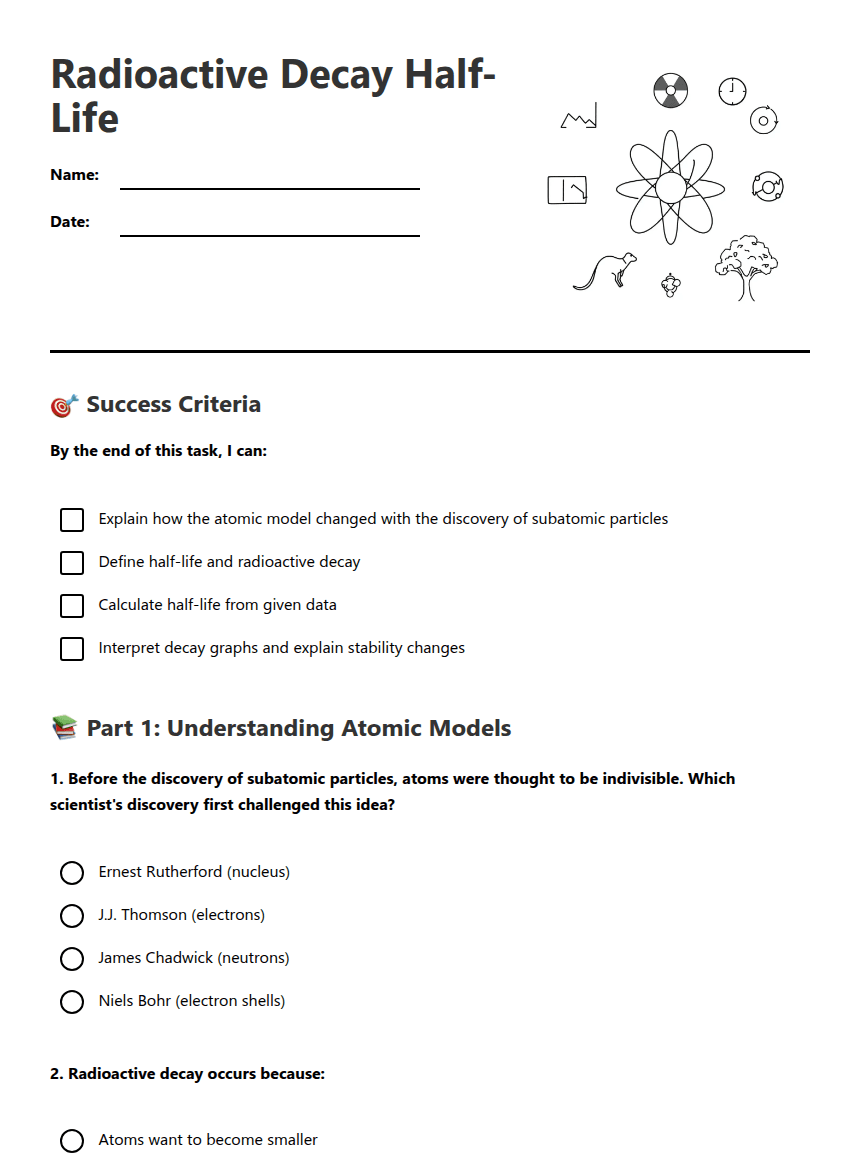 Radioactive Decay Half-Life worksheet preview