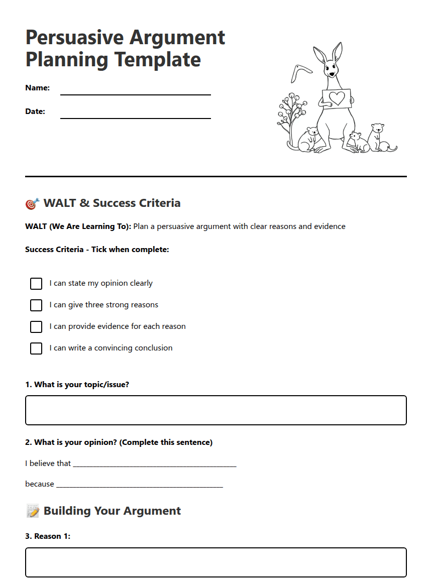 Persuasive Argument Planning Template worksheet preview