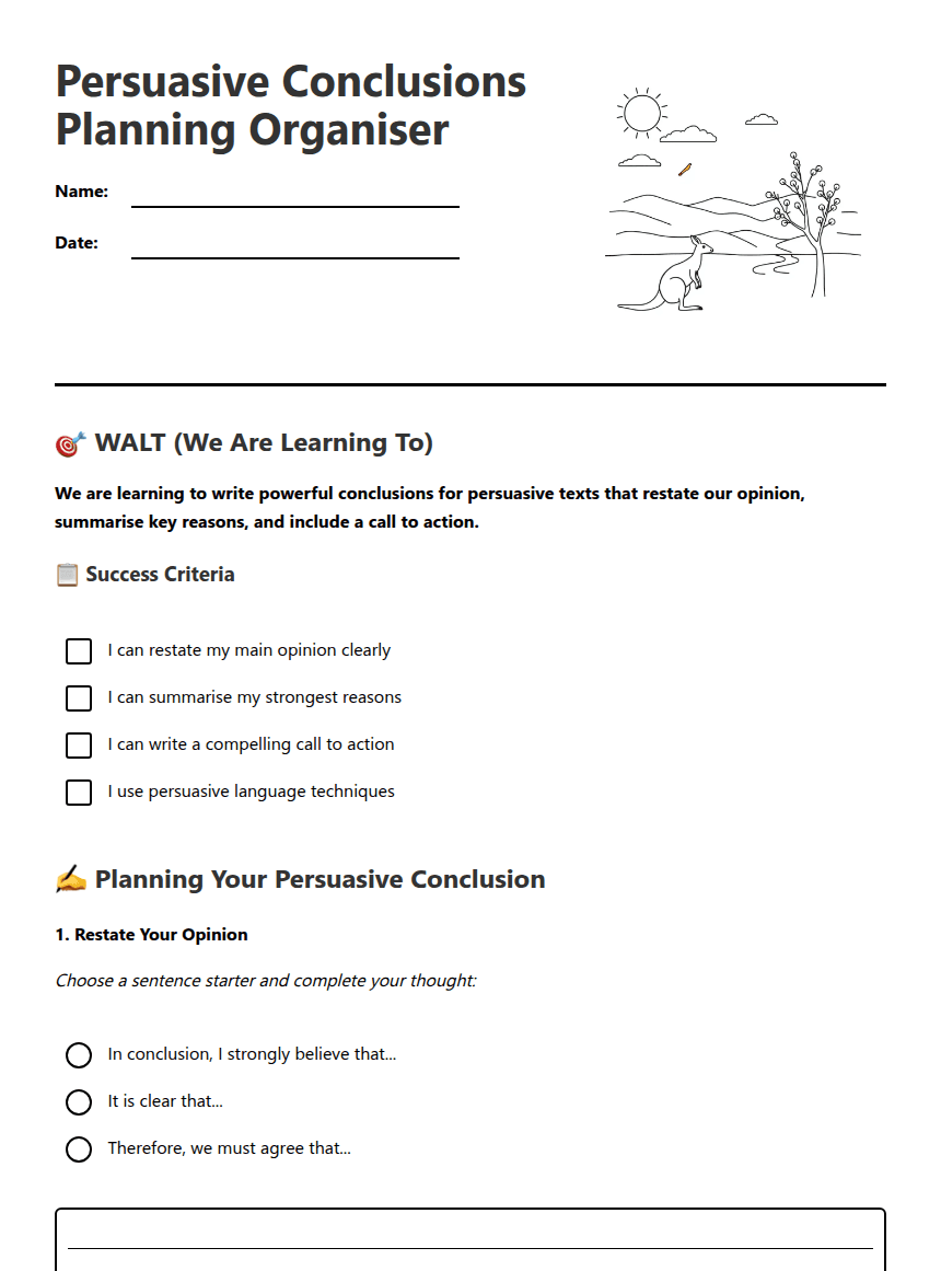 Persuasive Conclusions Planning Organiser worksheet preview