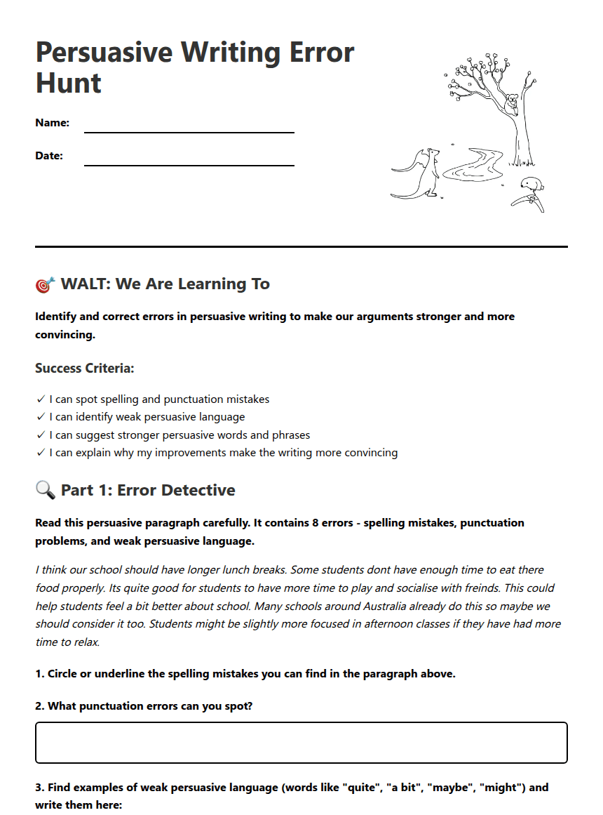Persuasive Writing Error Hunt worksheet preview