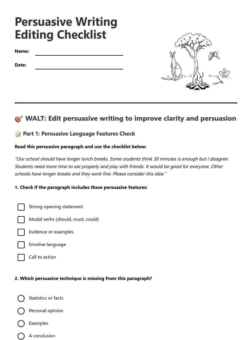 Persuasive Writing Editing Checklist worksheet preview