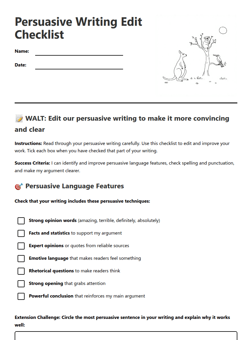 Persuasive Writing Edit Checklist worksheet preview