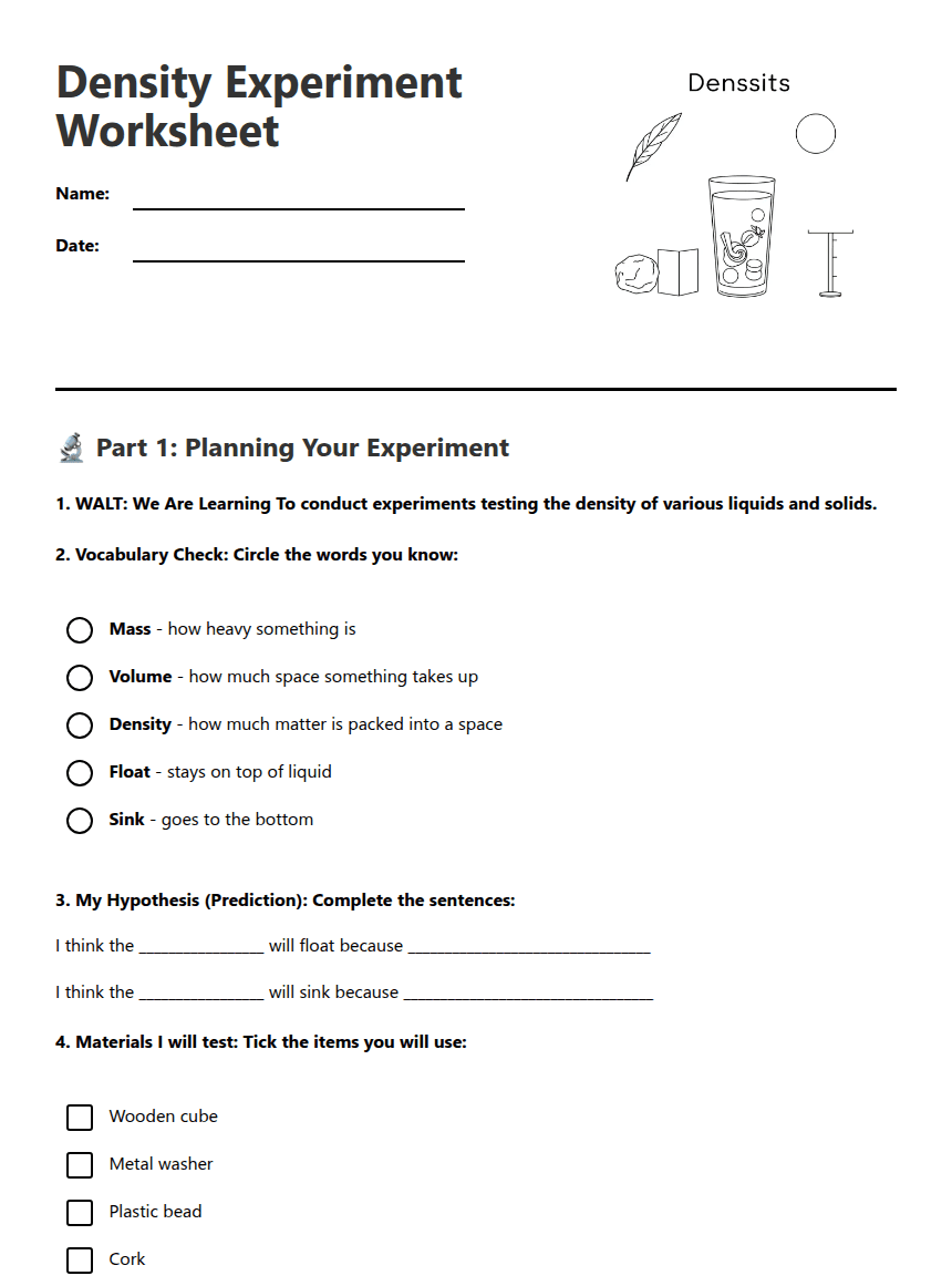 Density Experiment Worksheet worksheet preview