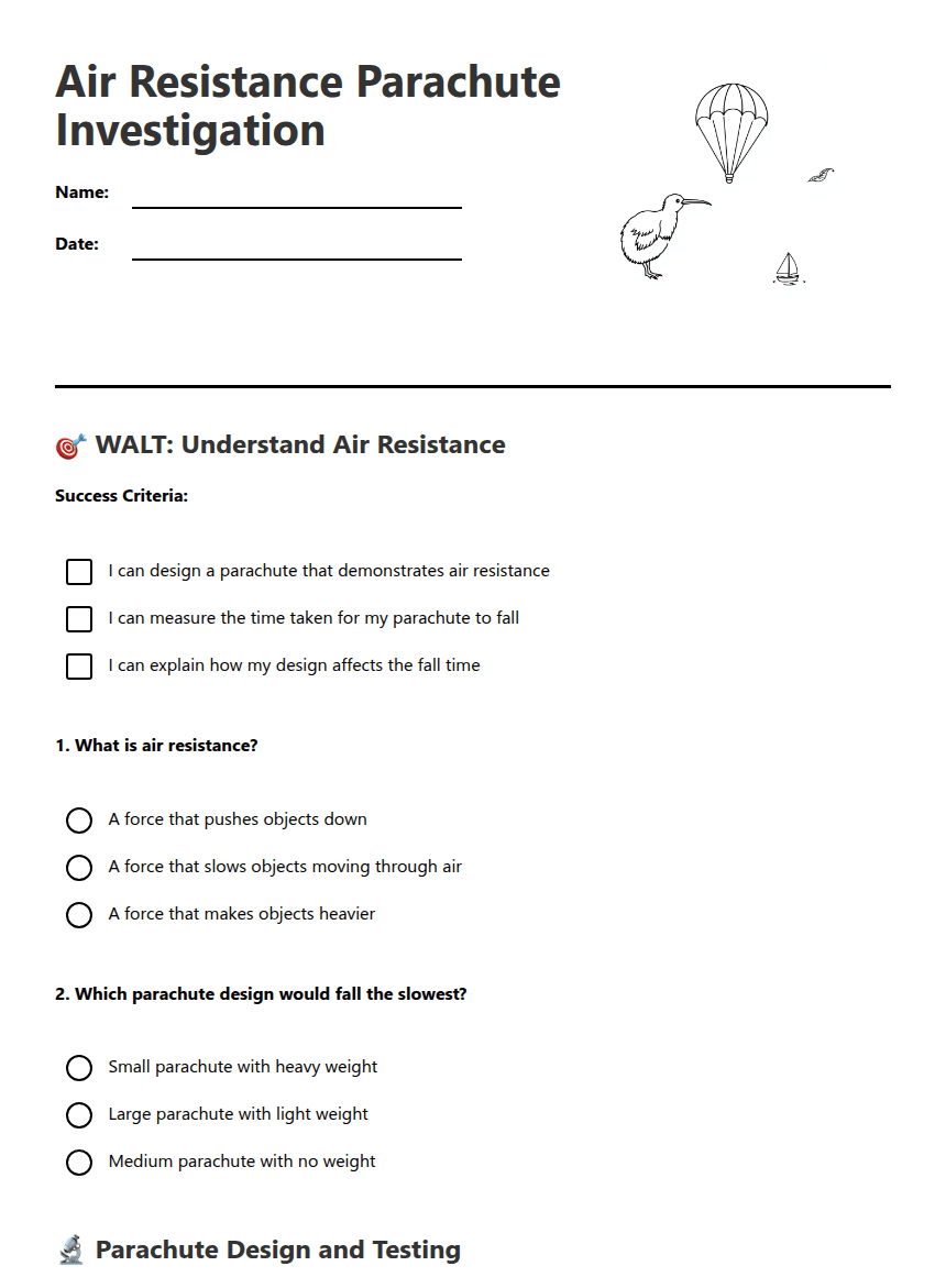 Air Resistance Parachute Investigation worksheet preview