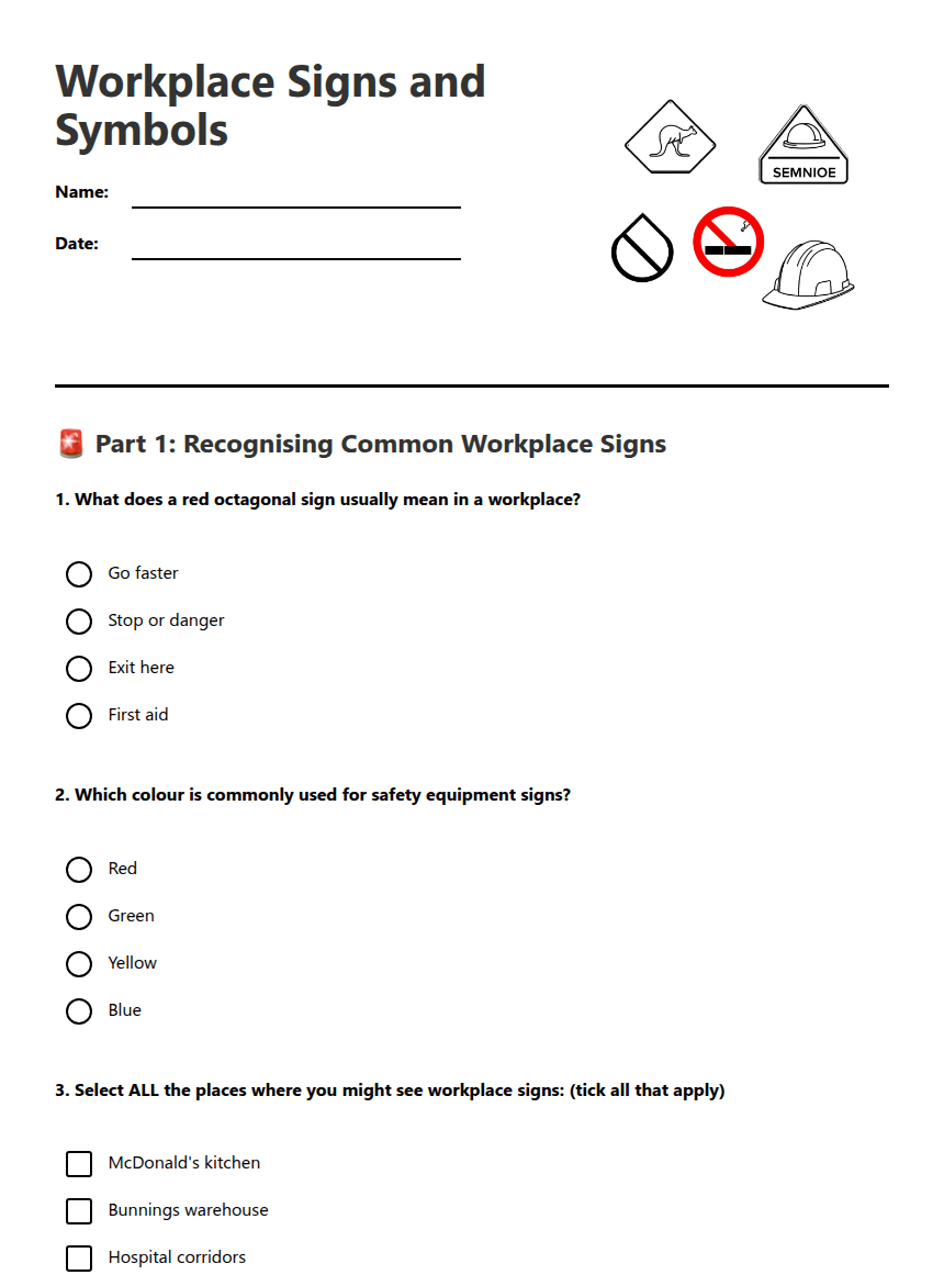 Workplace Signs and Symbols worksheet preview