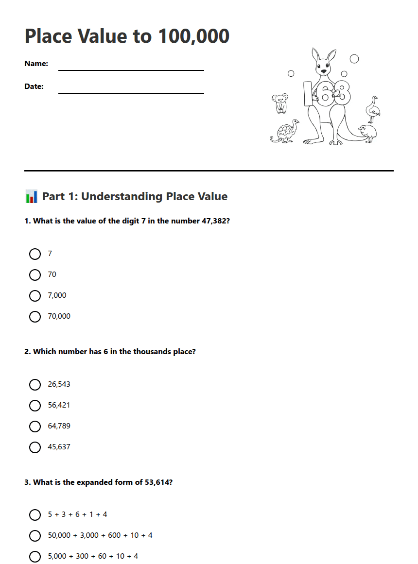 Place Value to 100,000 worksheet preview
