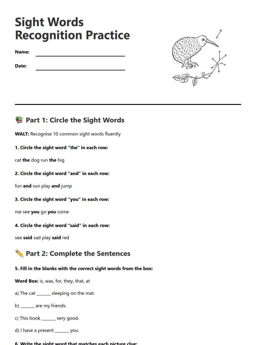 Sight Words Recognition Practice worksheet preview