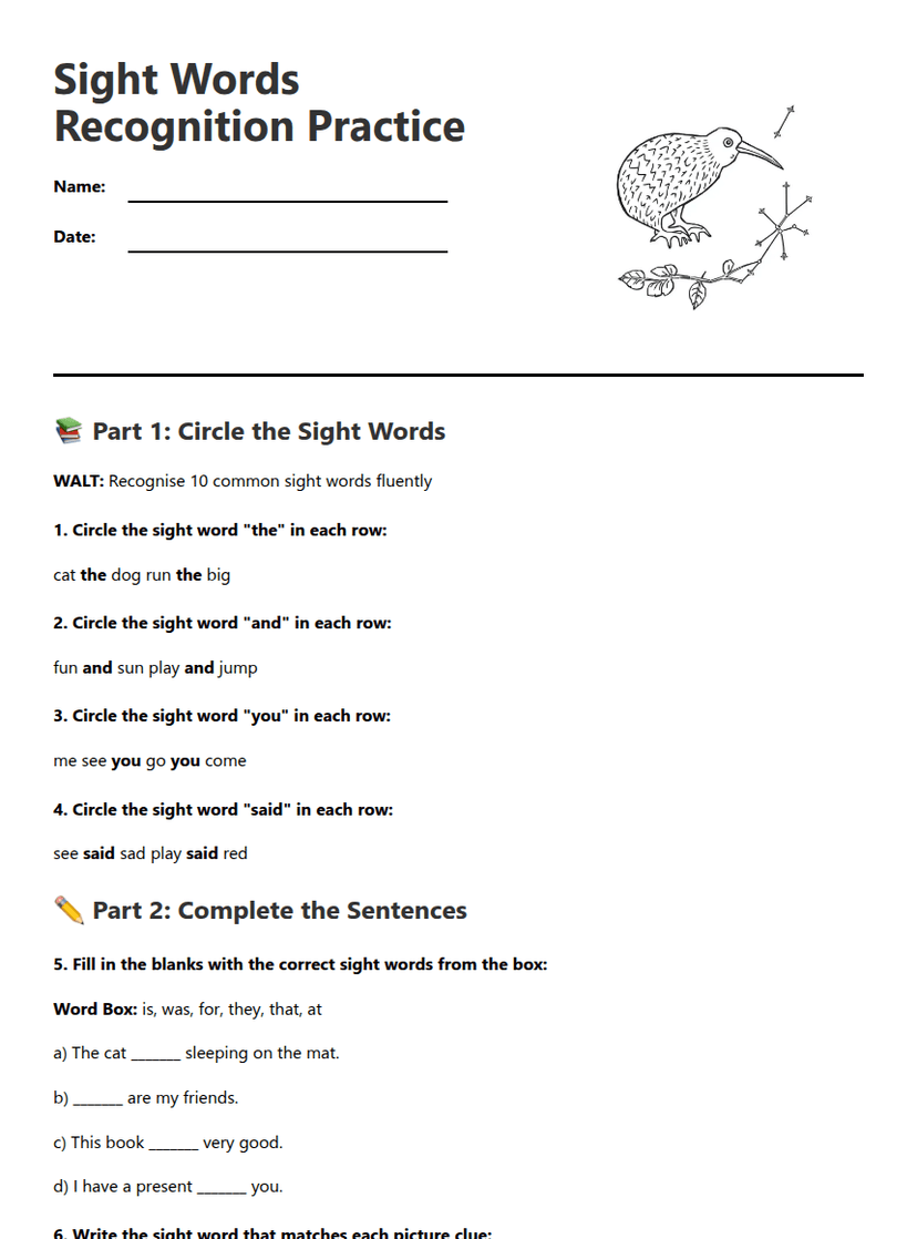 Sight Words Recognition Practice