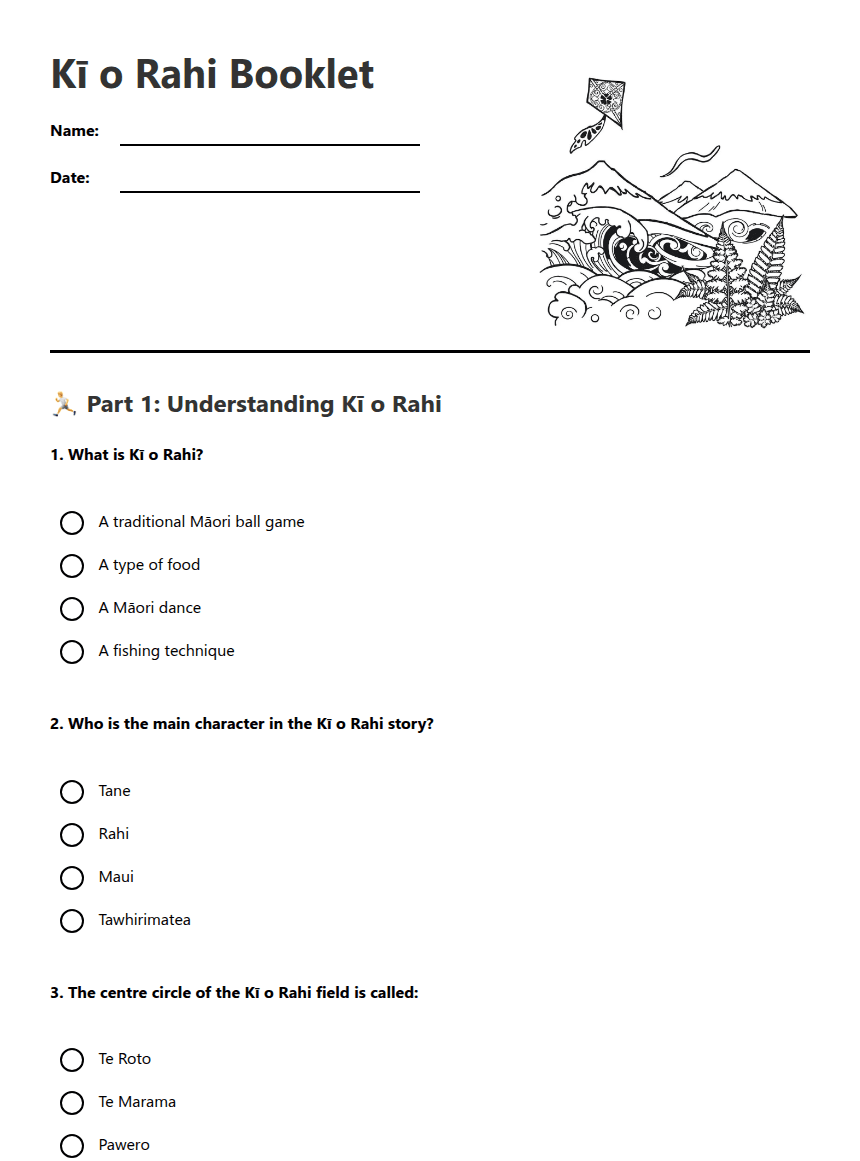 Kī o Rahi Booklet worksheet preview