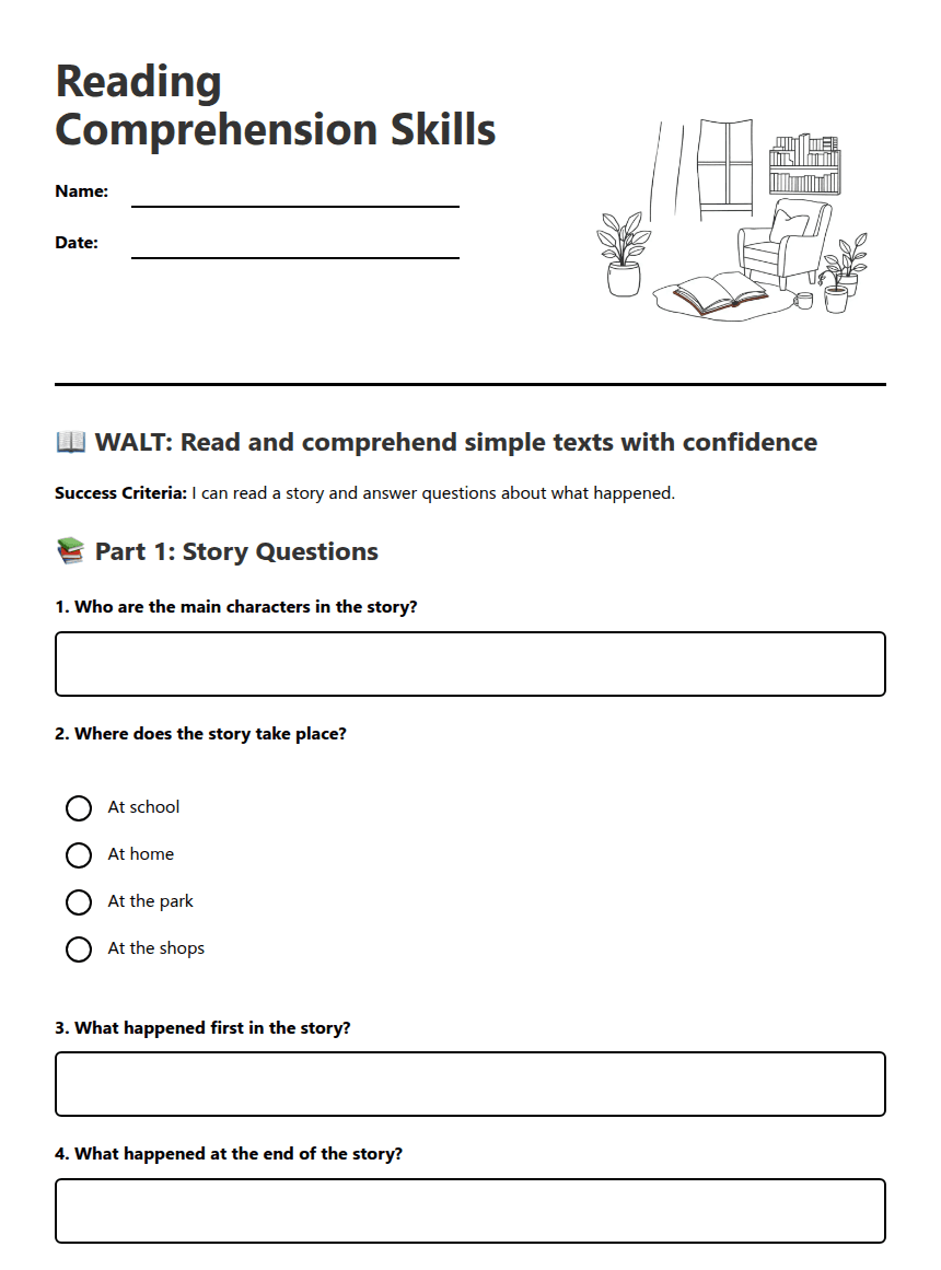 Reading Comprehension Skills worksheet preview