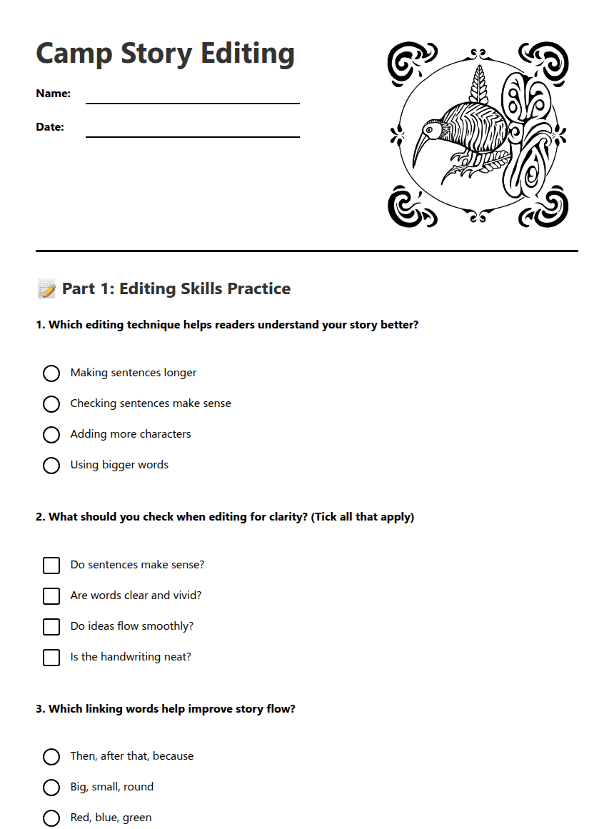 Camp Story Editing worksheet preview