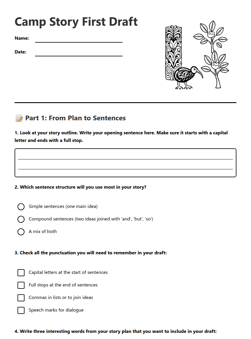 Camp Story First Draft worksheet preview