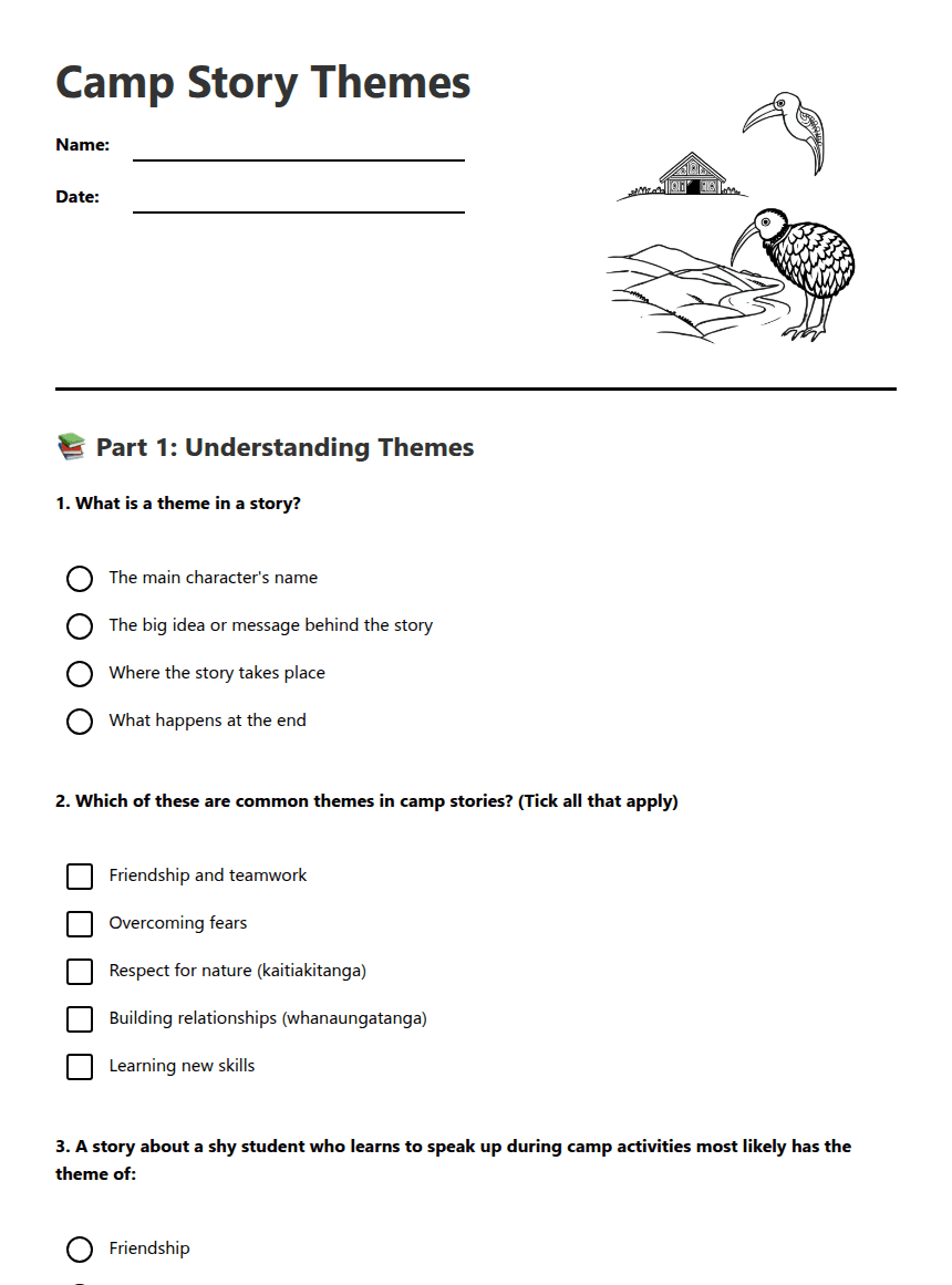 Camp Story Themes worksheet preview