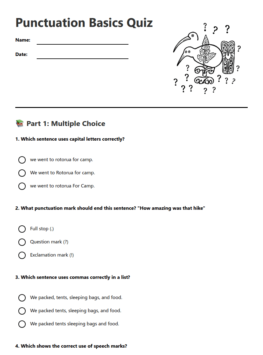 Punctuation Basics Quiz worksheet preview