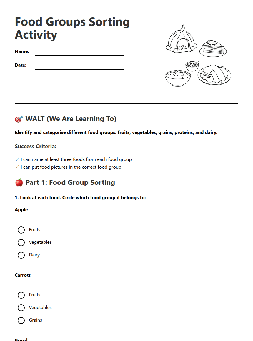Food Groups Sorting Activity worksheet preview