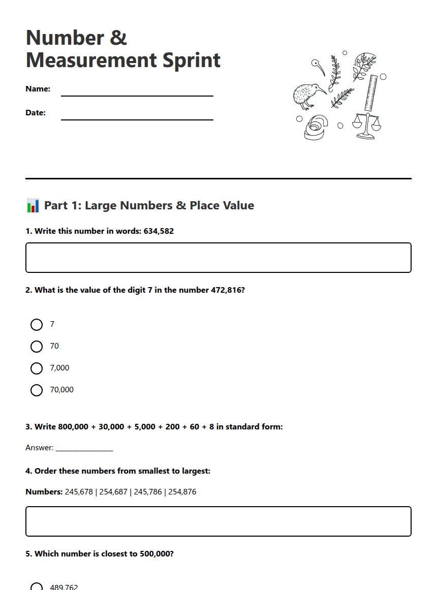 Number & Measurement Sprint worksheet preview