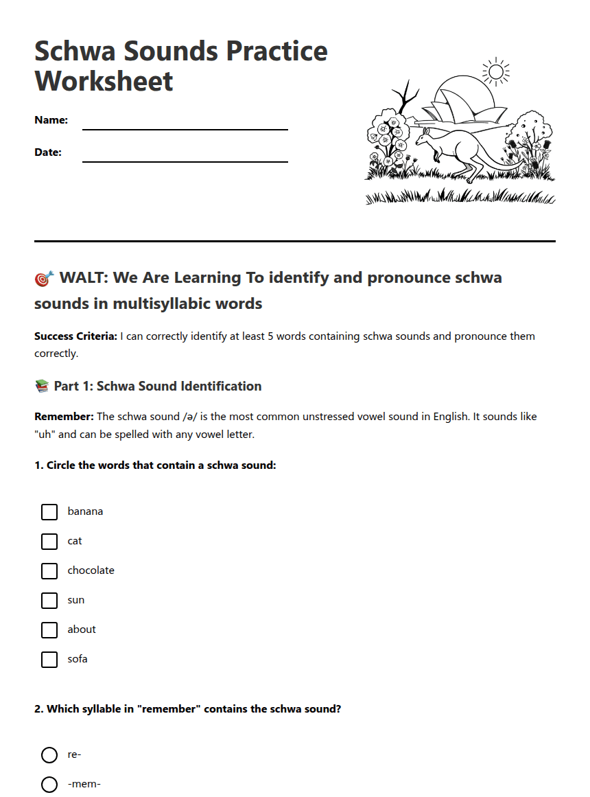 Schwa Sounds Practice Worksheet worksheet preview