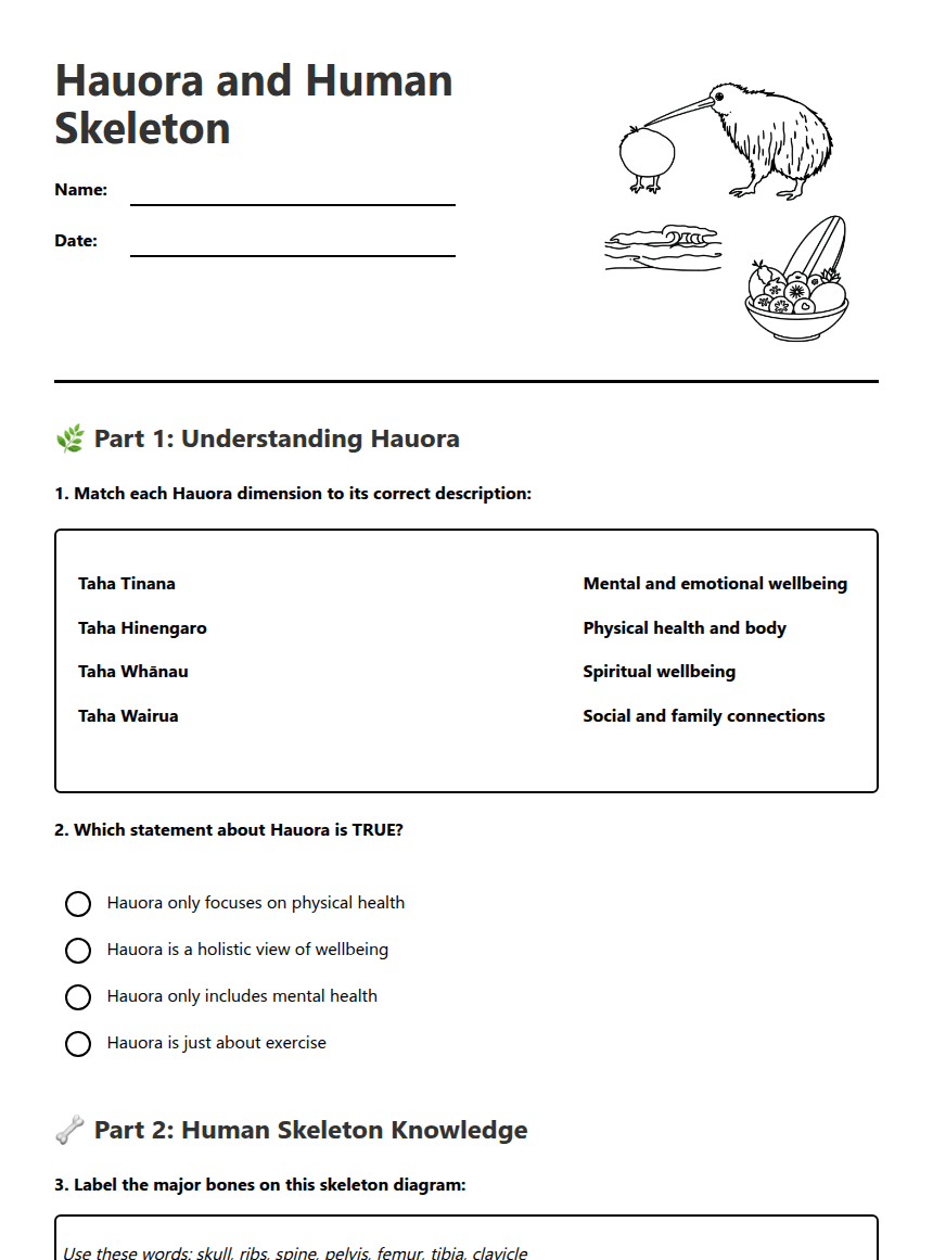 Hauora and Human Skeleton worksheet preview