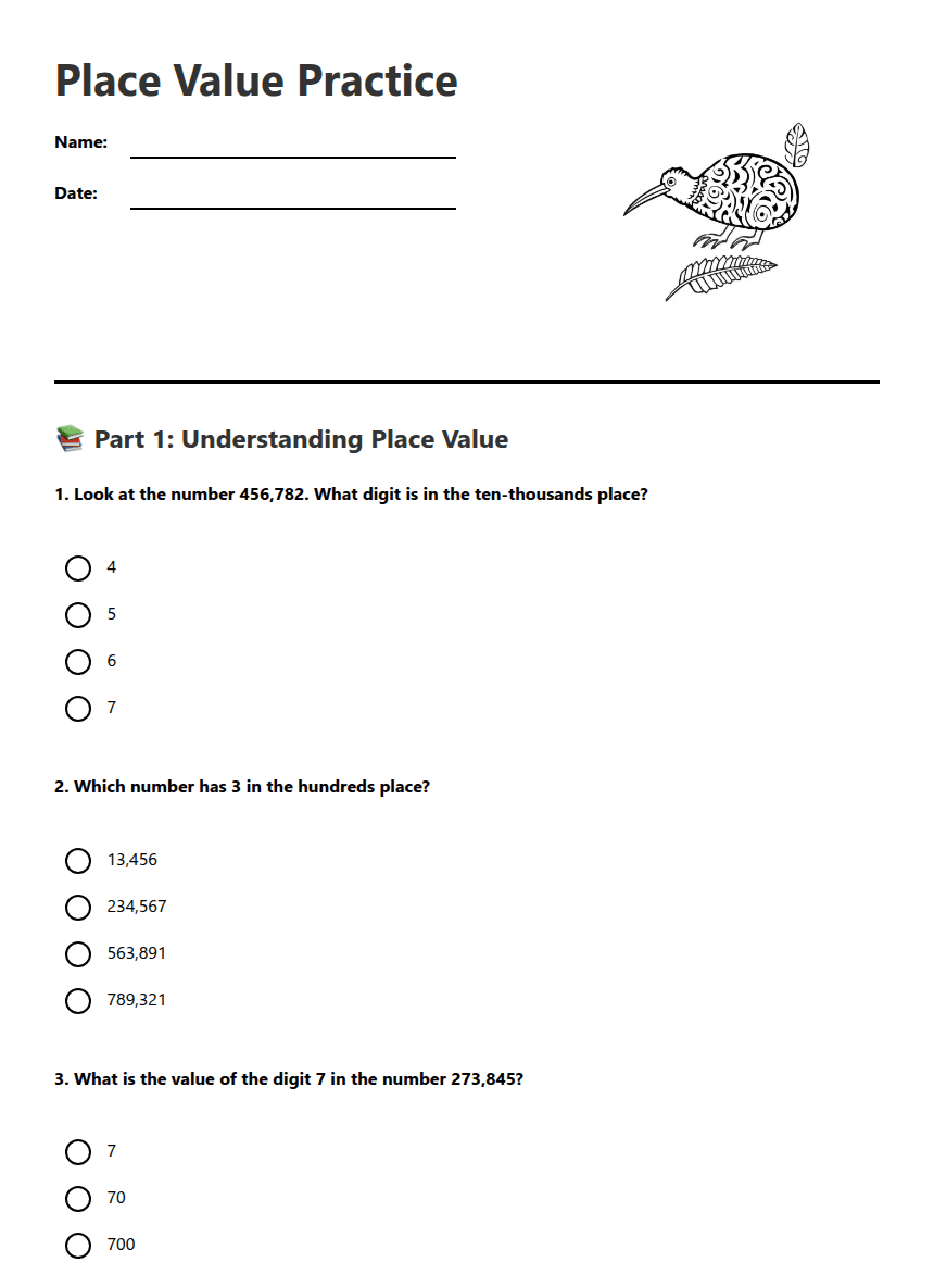 Place Value Practice worksheet preview