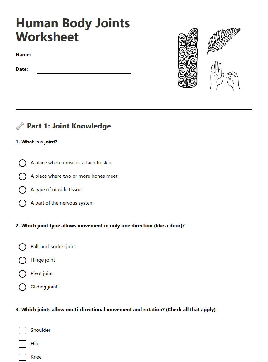 Human Body Joints Worksheet worksheet preview