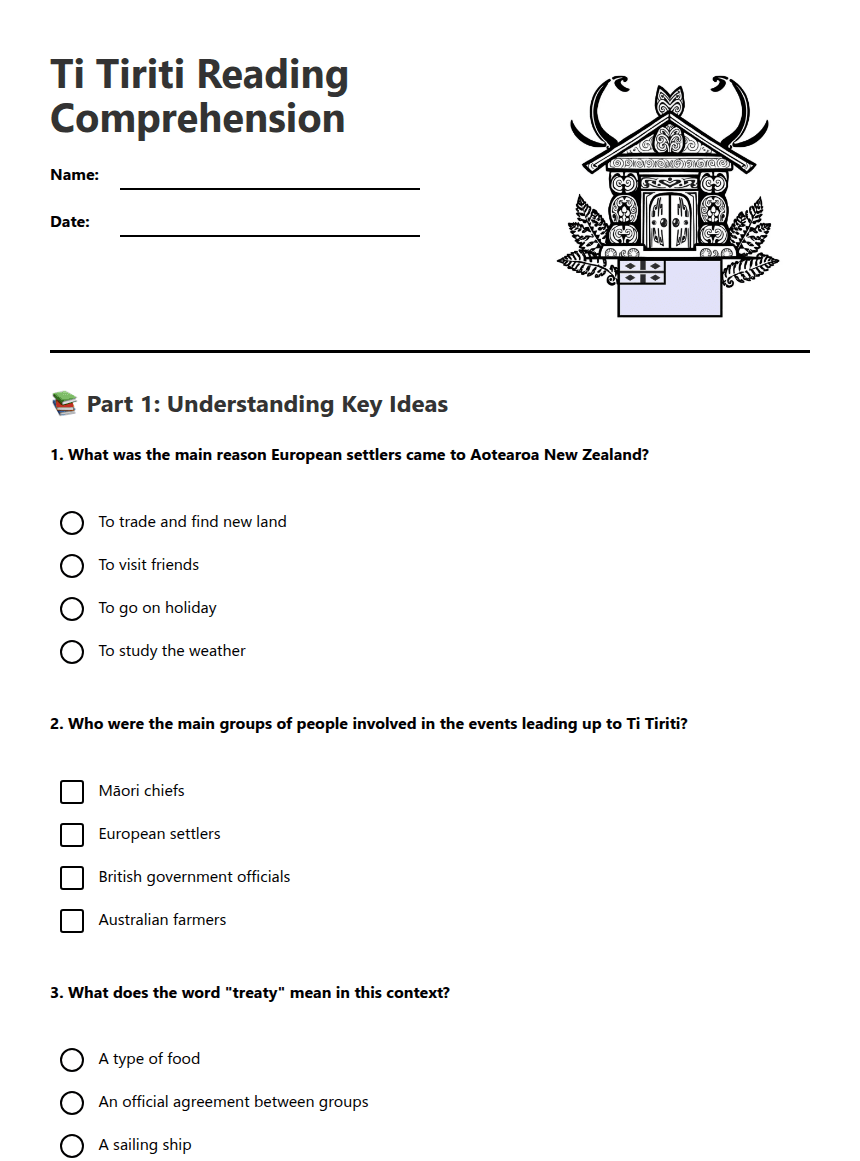Ti Tiriti Reading Comprehension worksheet preview