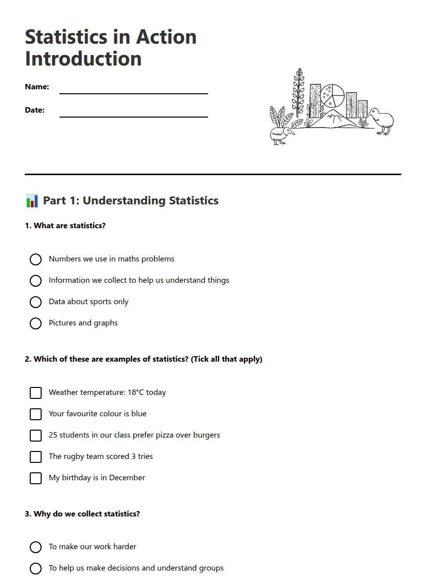 Statistics in Action Introduction worksheet preview