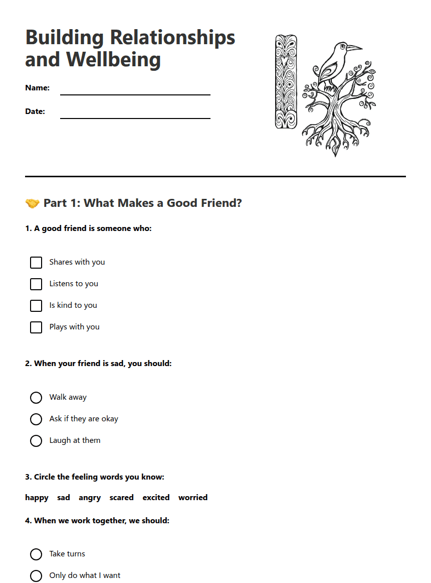 Building Relationships and Wellbeing worksheet preview