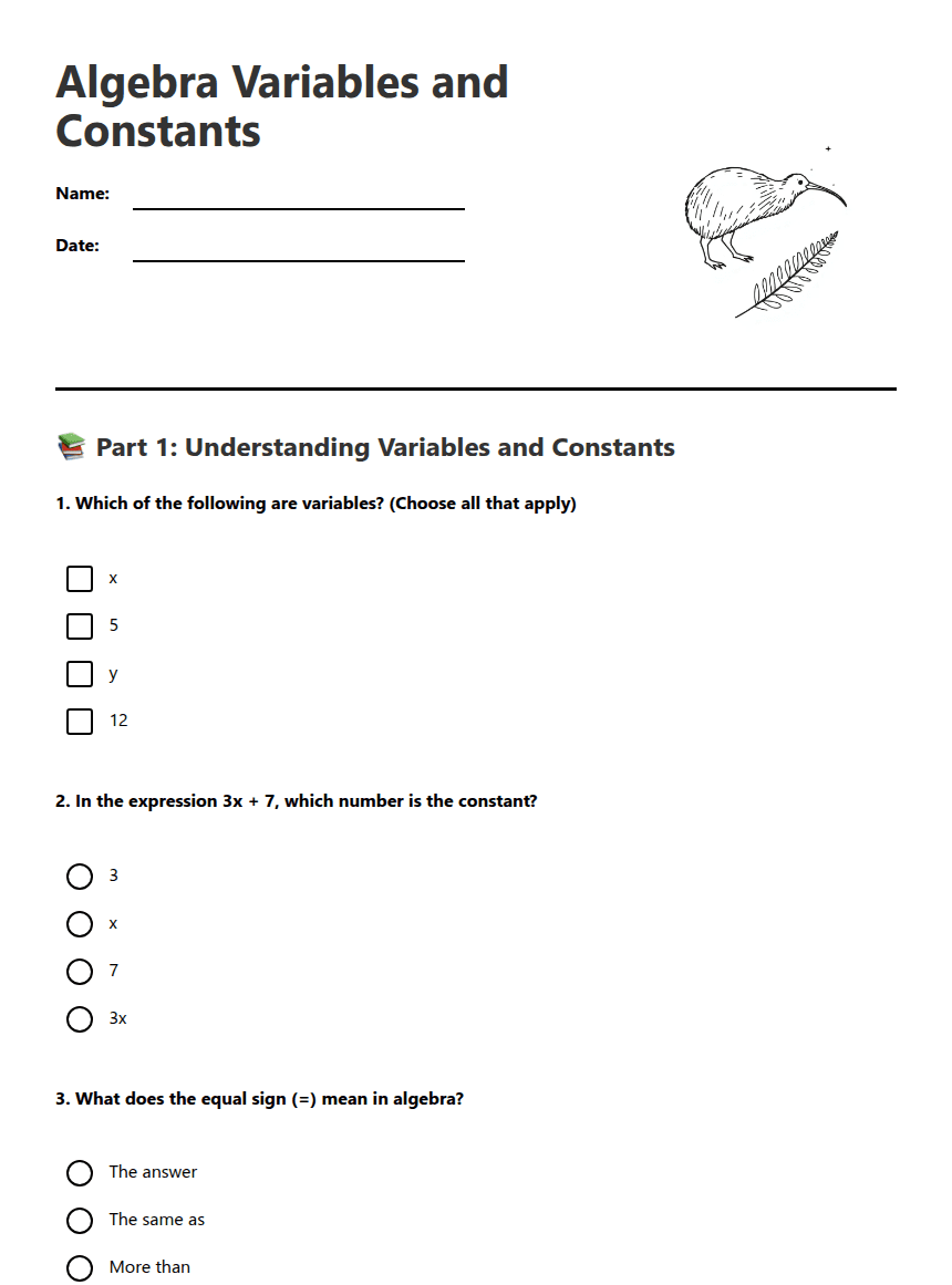 Algebra Variables and Constants worksheet preview