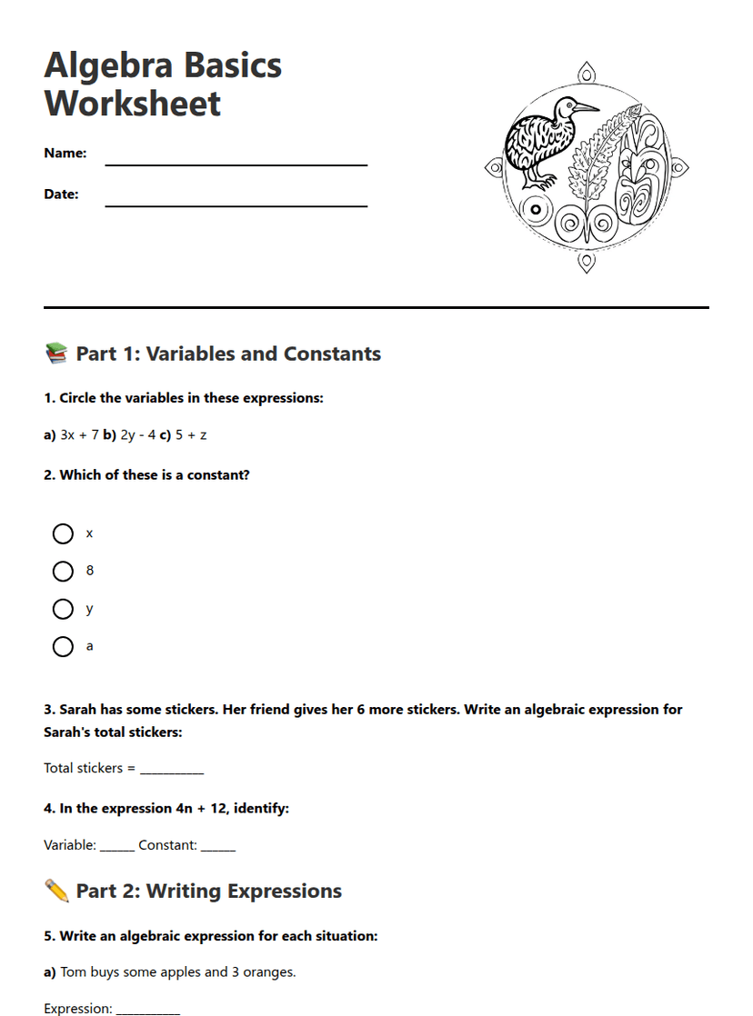 Algebra Basics Worksheet