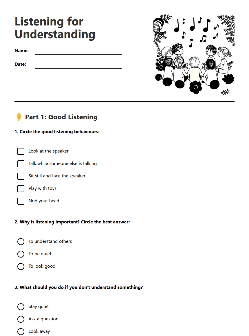 Listening for Understanding worksheet preview