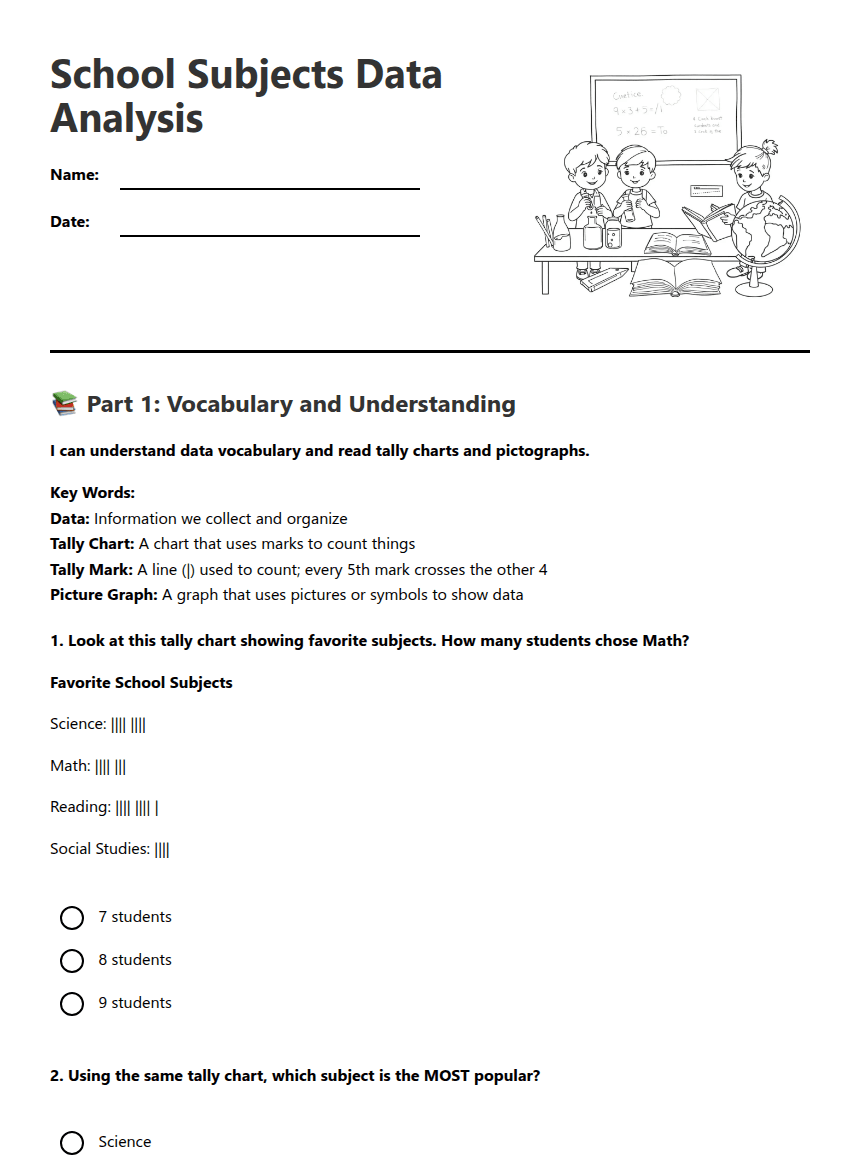 School Subjects Data Analysis worksheet preview