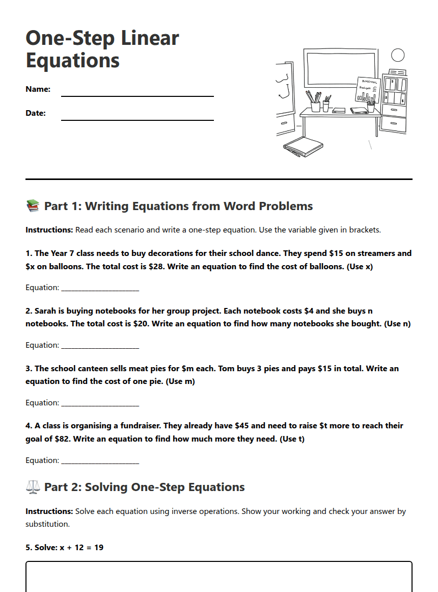 One-Step Linear Equations worksheet preview