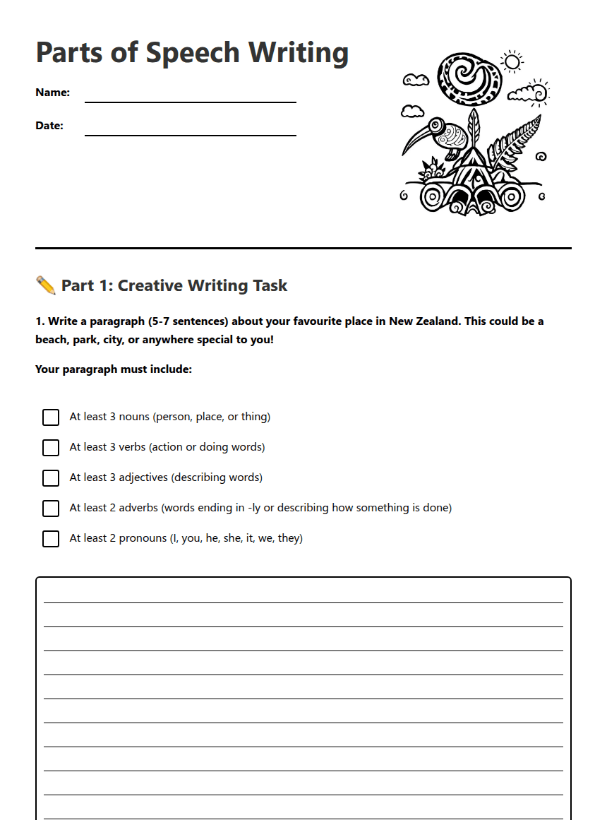 Parts of Speech Writing worksheet preview