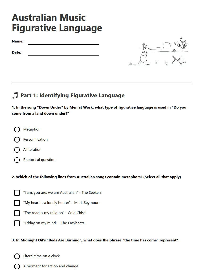 Australian Music Figurative Language worksheet preview