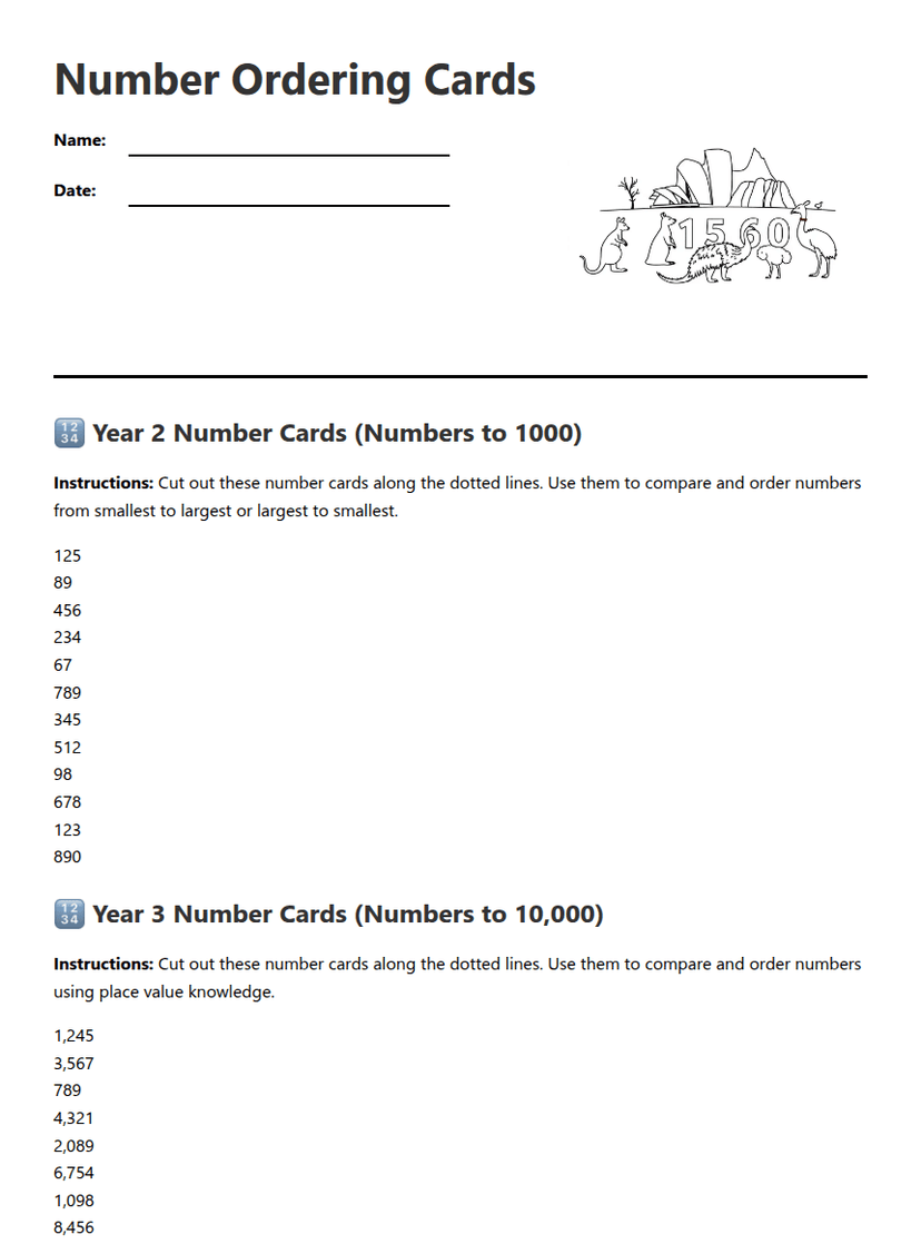 Number Ordering Cards