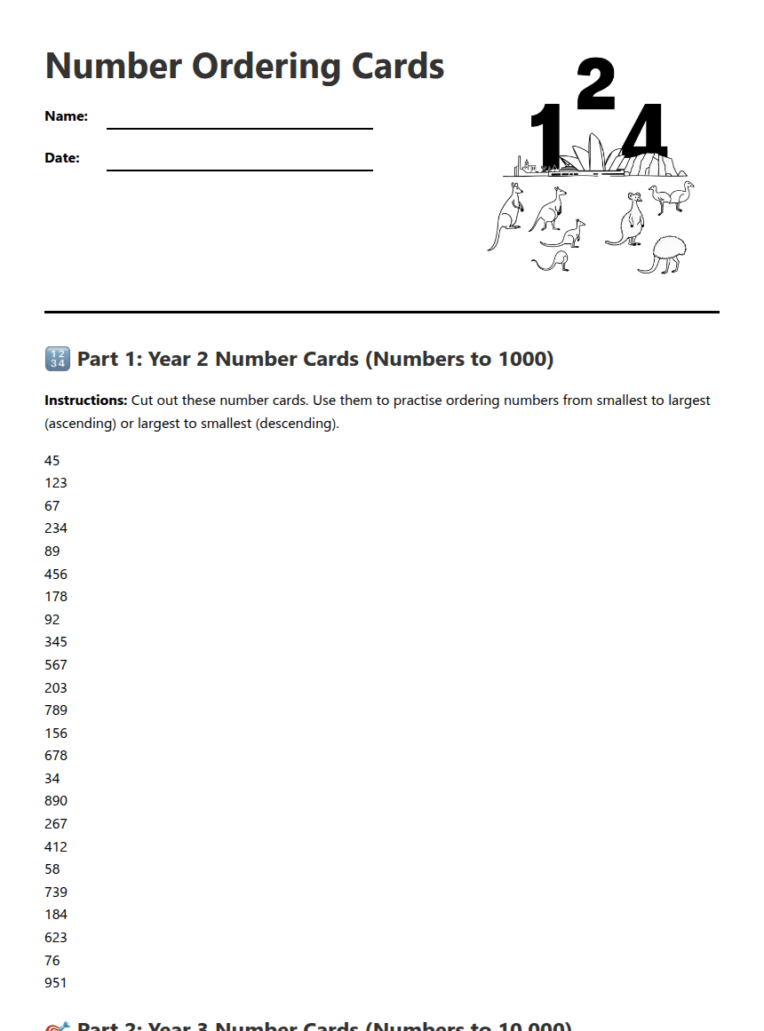 Number Ordering Cards worksheet preview