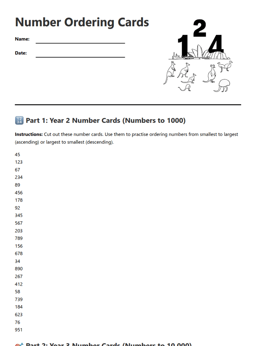 Number Ordering Cards