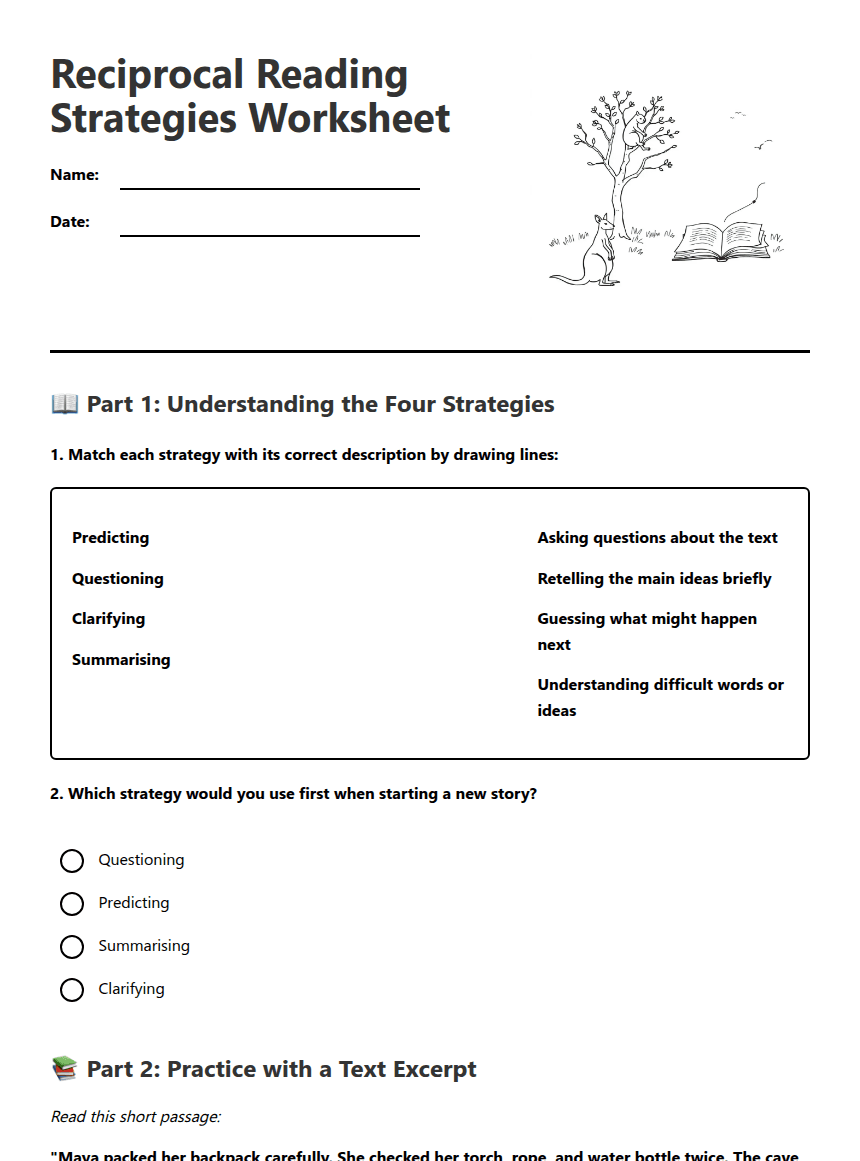 Reciprocal Reading Strategies Worksheet worksheet preview