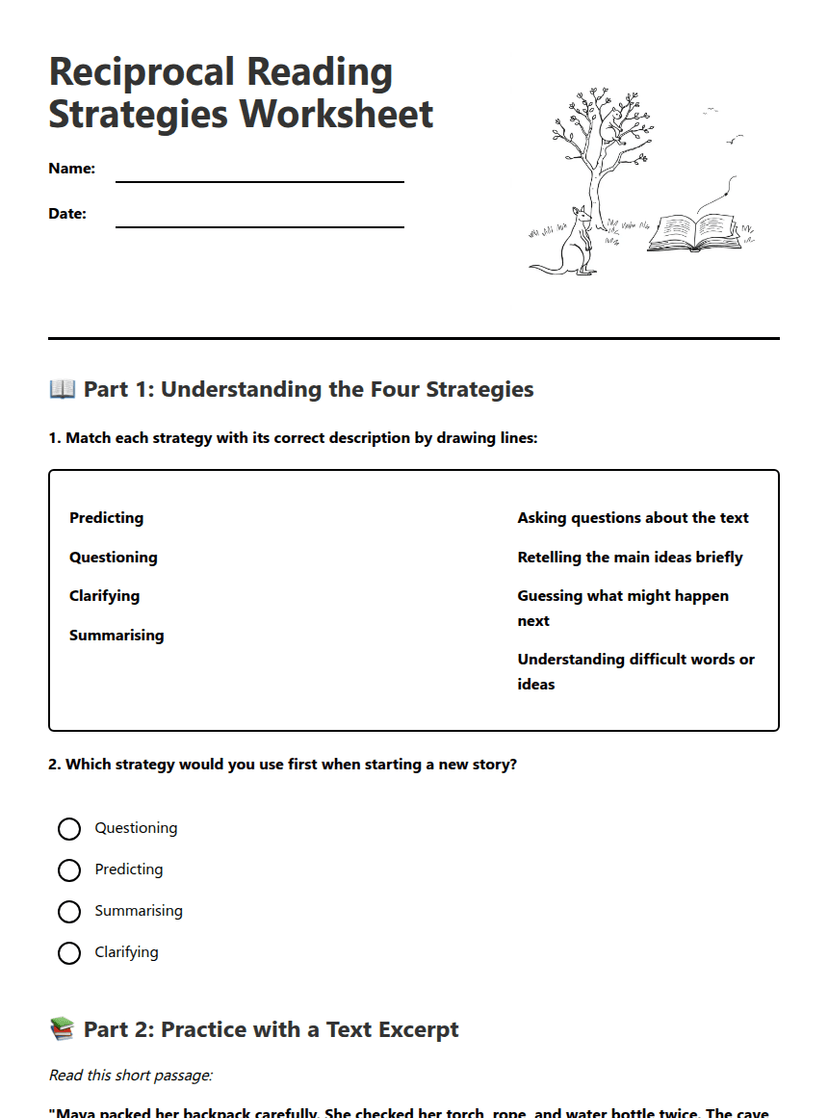 Reciprocal Reading Strategies Worksheet