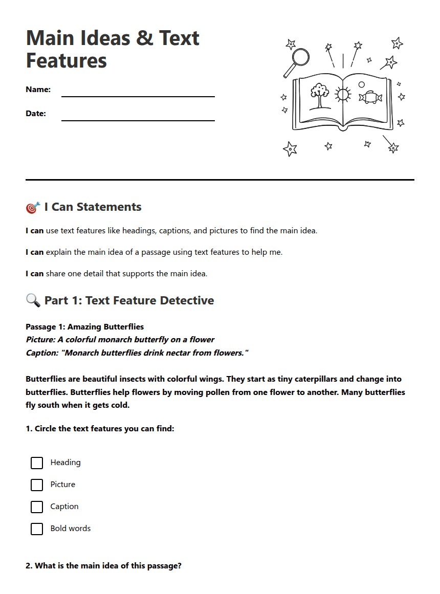 Main Ideas Text Features worksheet preview