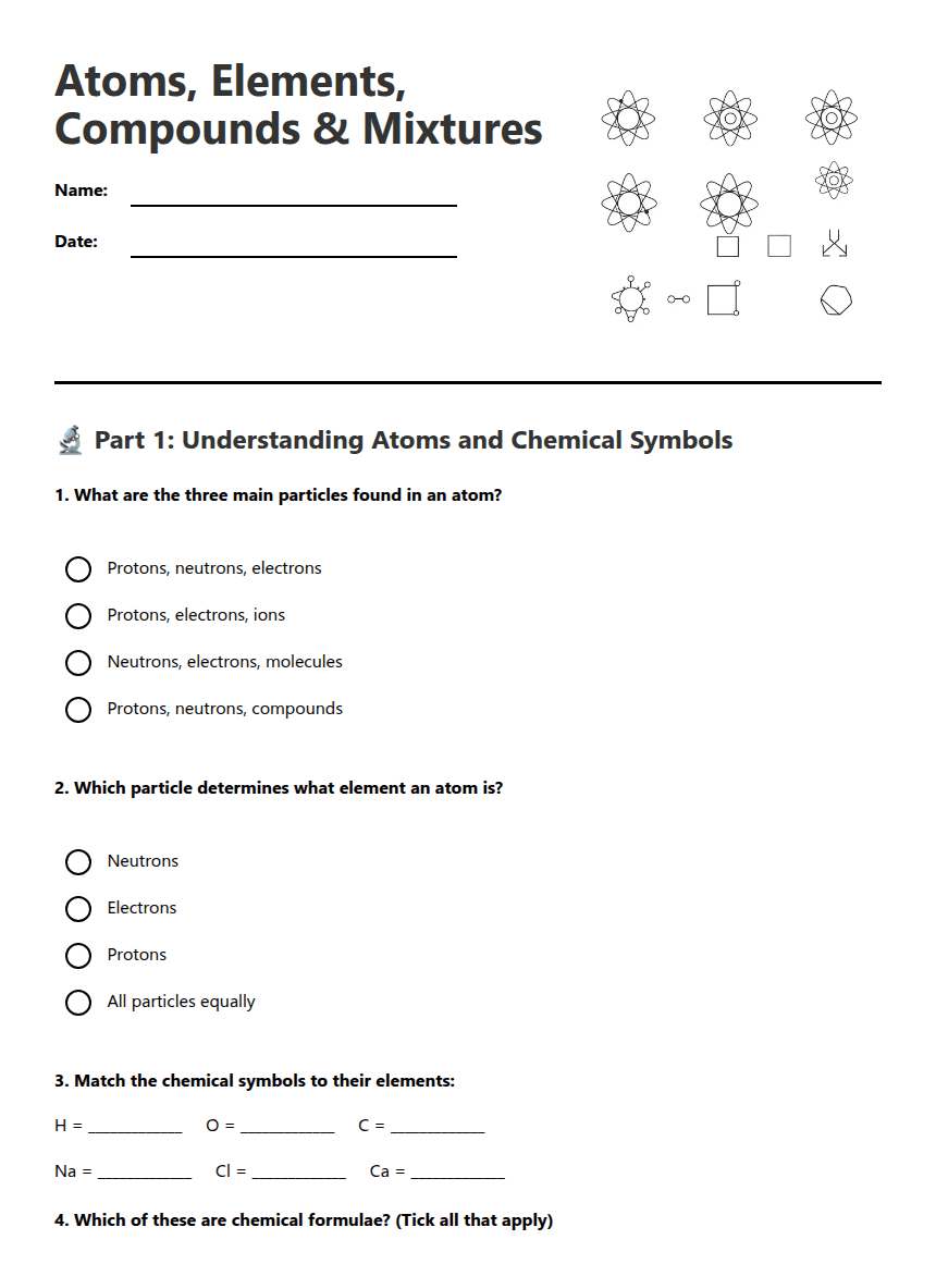 Atoms Elements Compounds Mixtures worksheet preview