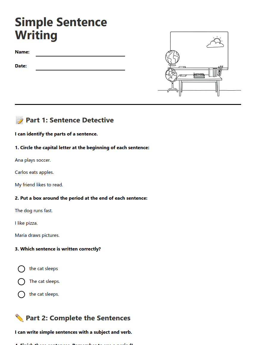 Simple Sentence Writing worksheet preview