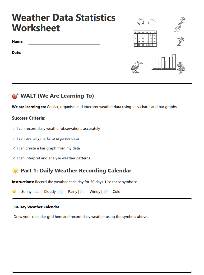 Weather Data Statistics Worksheet worksheet preview