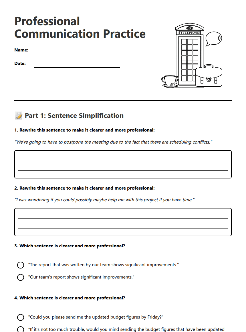 Professional Communication Practice worksheet preview