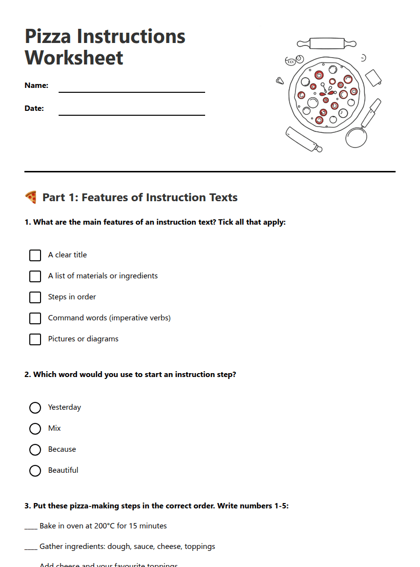 Pizza Instructions Worksheet worksheet preview